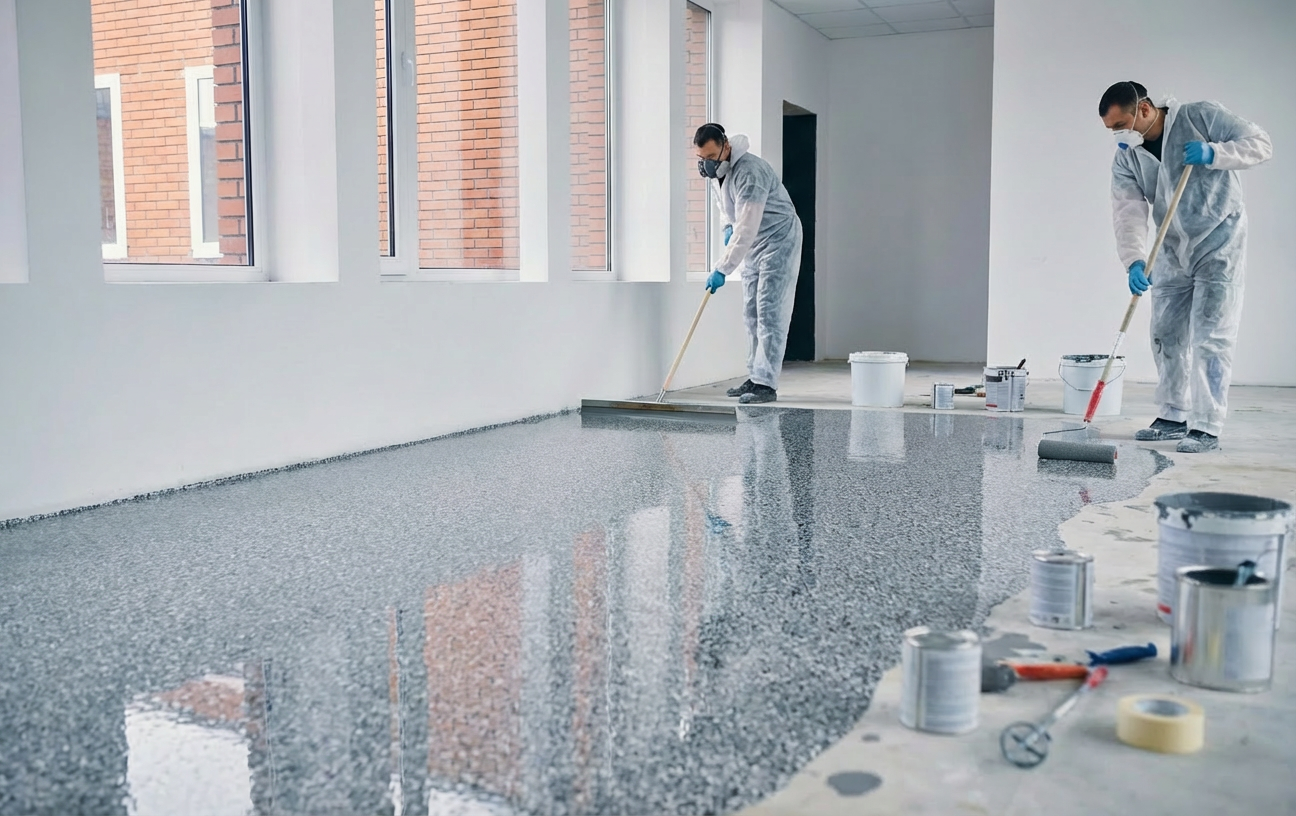 Professional epoxy floor flake system installed in a Gold Coast garage by FloorX Industries.