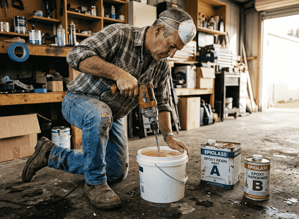 Man mixing epoxy resin on garage floor