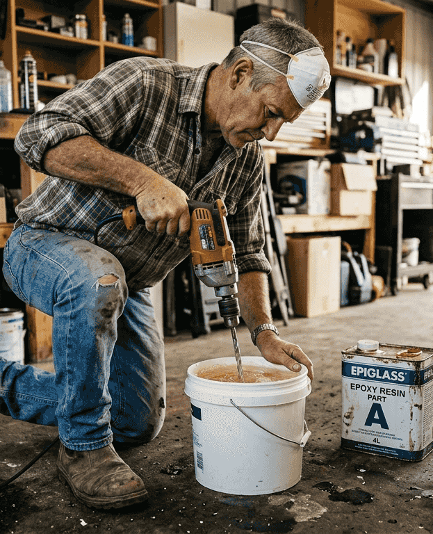 Man mixing epoxy resin on garage floor