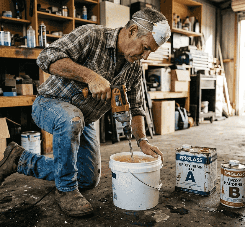 Man mixing epoxy resin on garage floor