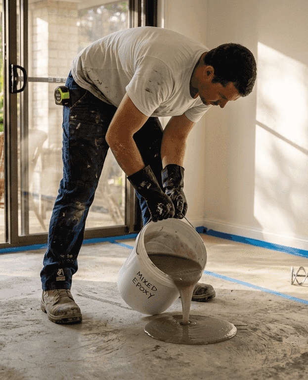 Technician applying epoxy in bright living room