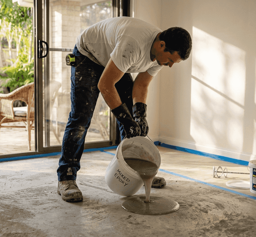Technician applying epoxy in bright living room