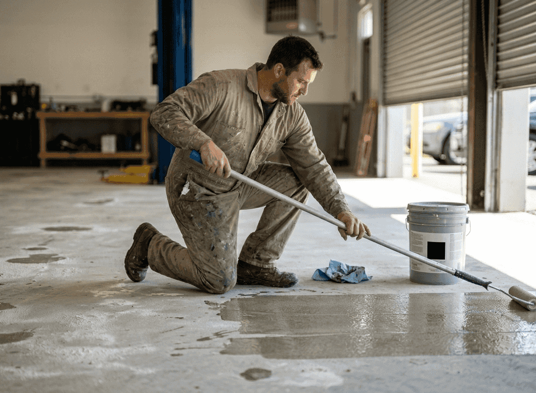 Technician applying epoxy to garage floor