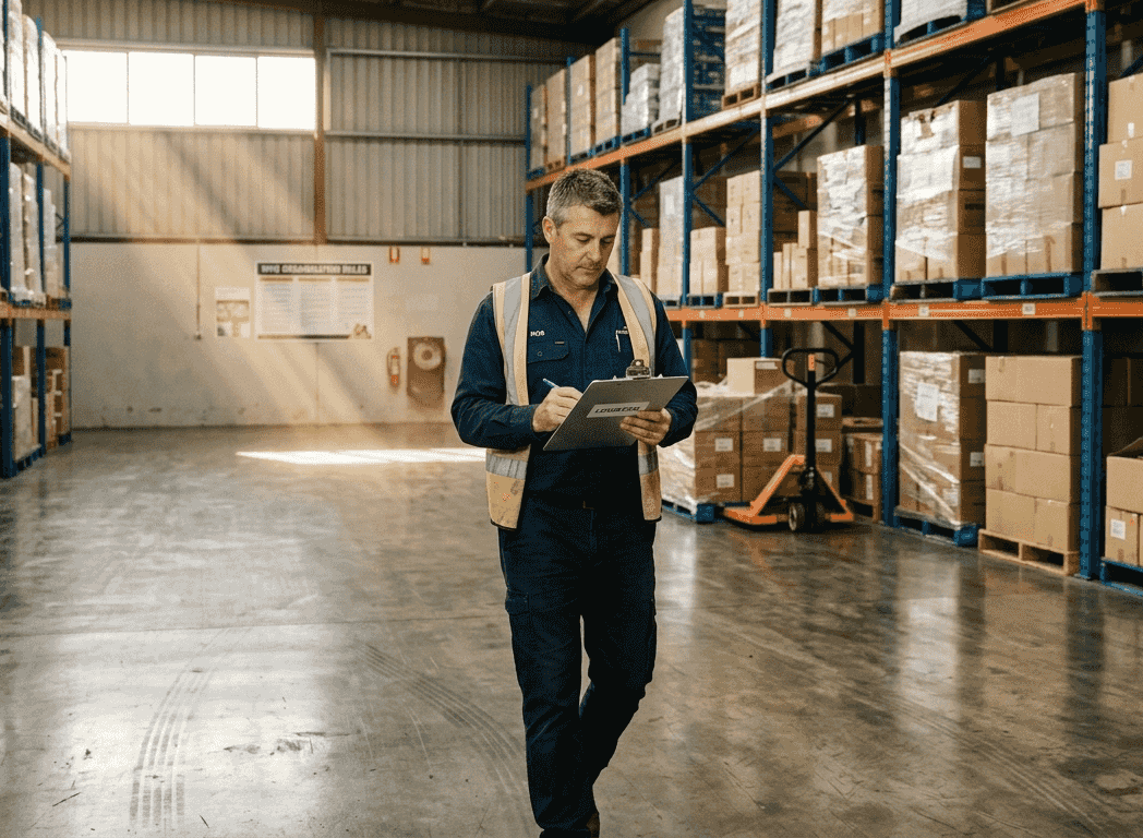 Warehouse supervisor inspects polished concrete floor