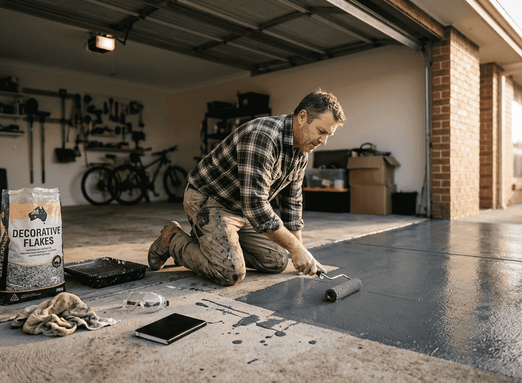 Man applying epoxy on tidy garage floor