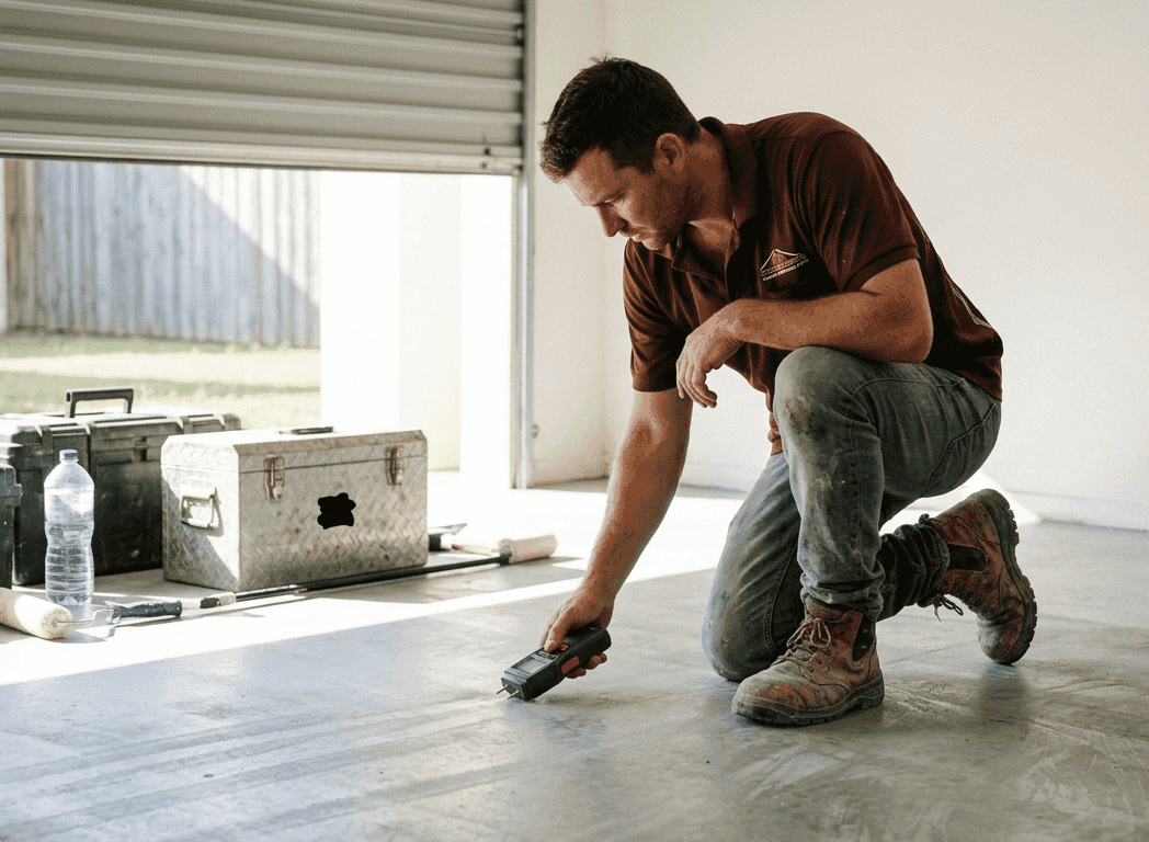 Contractor checking epoxy floor moisture Queensland