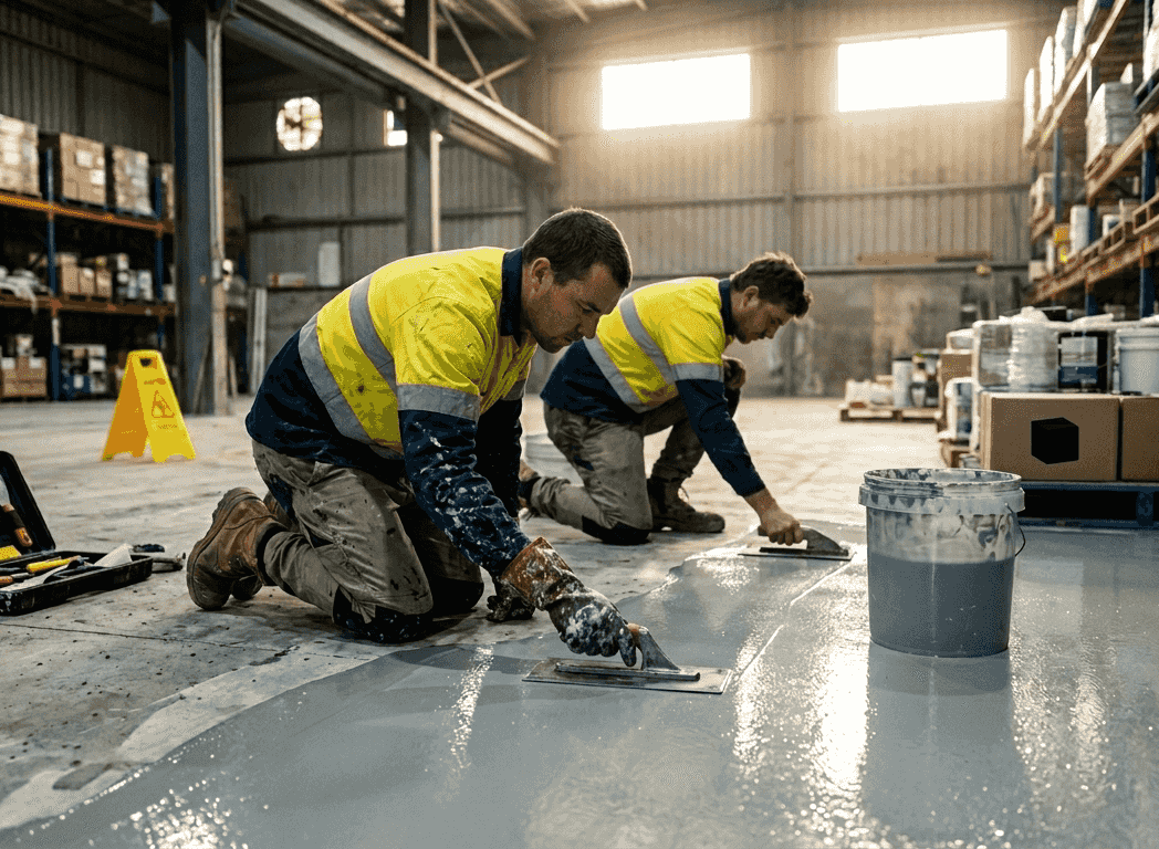 Warehouse workers applying epoxy floor coating