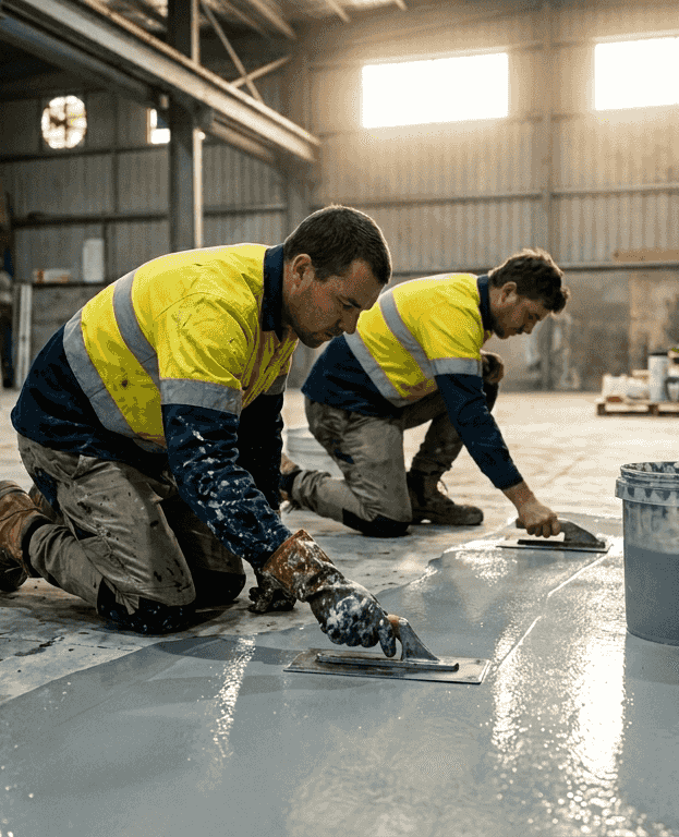 Warehouse workers applying epoxy floor coating