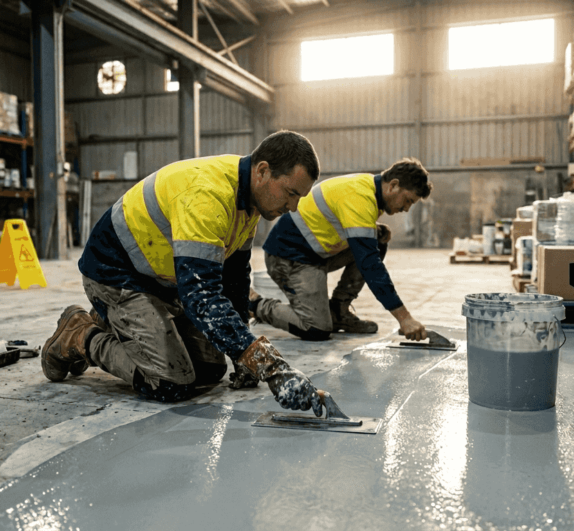 Warehouse workers applying epoxy floor coating