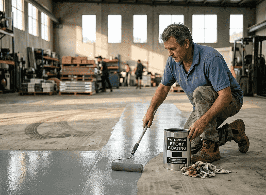 Epoxy installer spreading coating on concrete floor