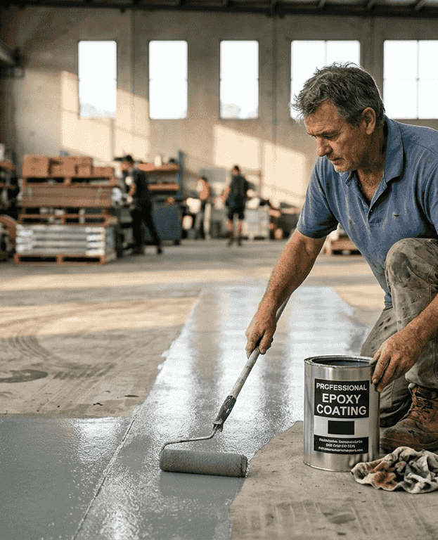 1773655357931_Epoxy-installer-spreading-coating-on-concrete-floor Epoxy installer spreading coating on concrete floor