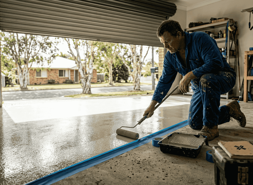 Man applying epoxy to suburban garage floor