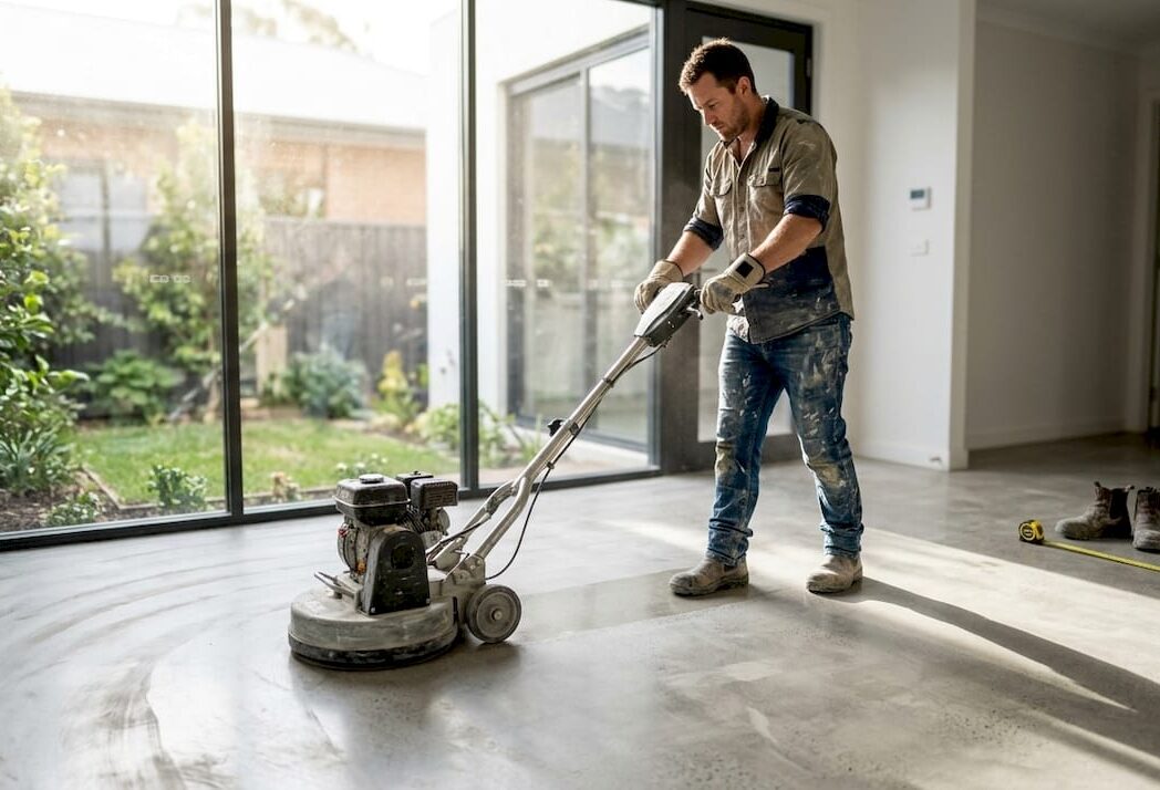 Contractor polishing concrete in sunlit living room