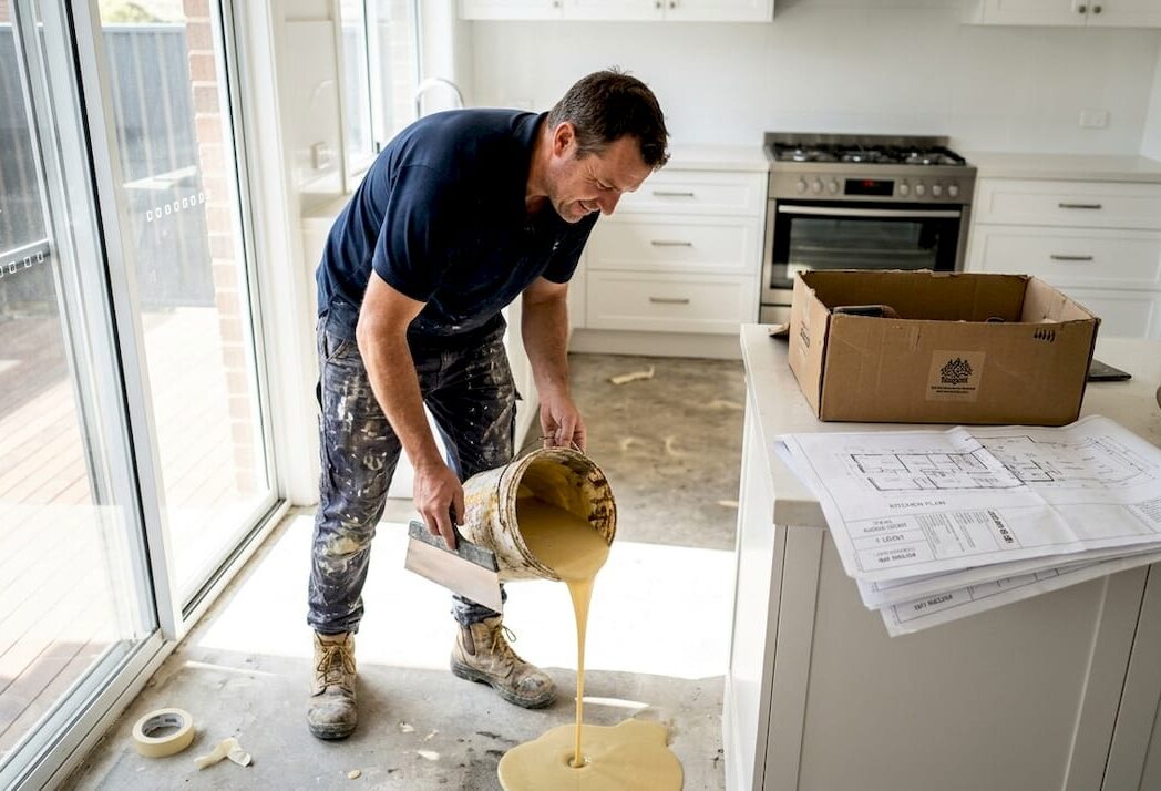 Contractor pouring resin on kitchen floor
