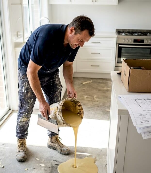 Contractor pouring resin on kitchen floor