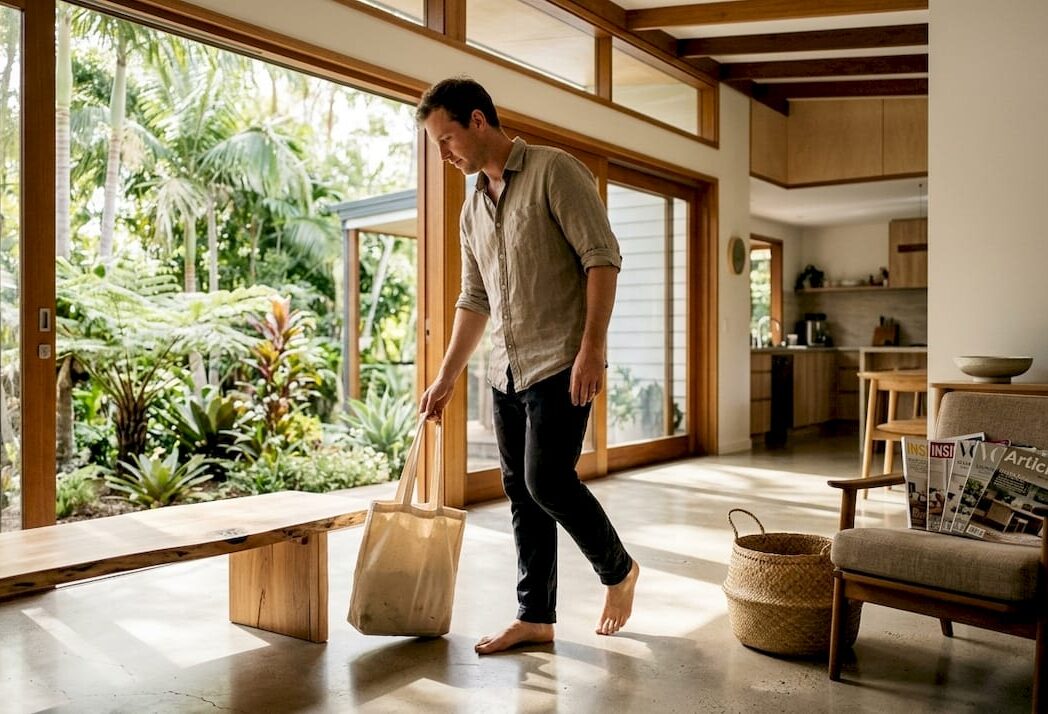 Homeowner walks on decorative concrete floor