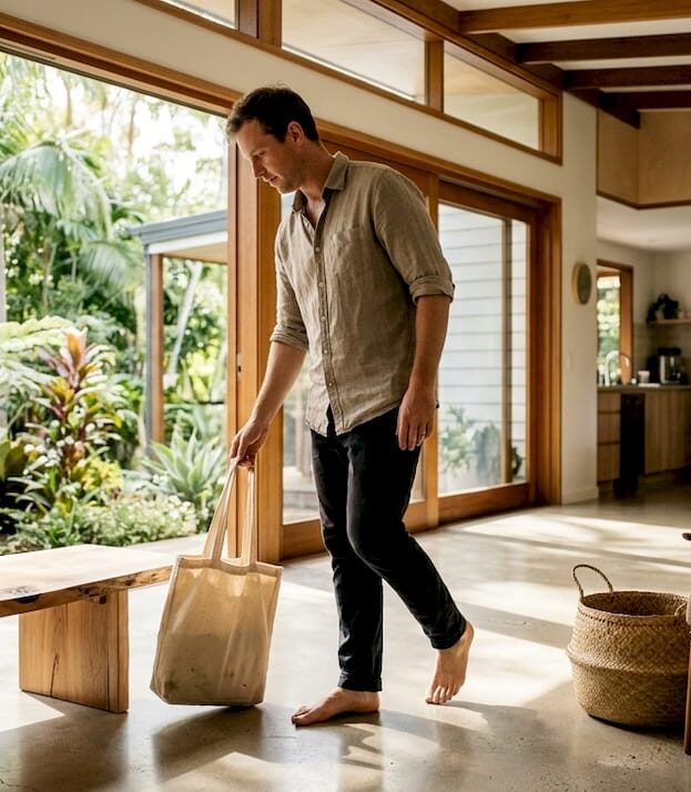 Homeowner walks on decorative concrete floor