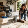 DIYer cleans garage floor before epoxy