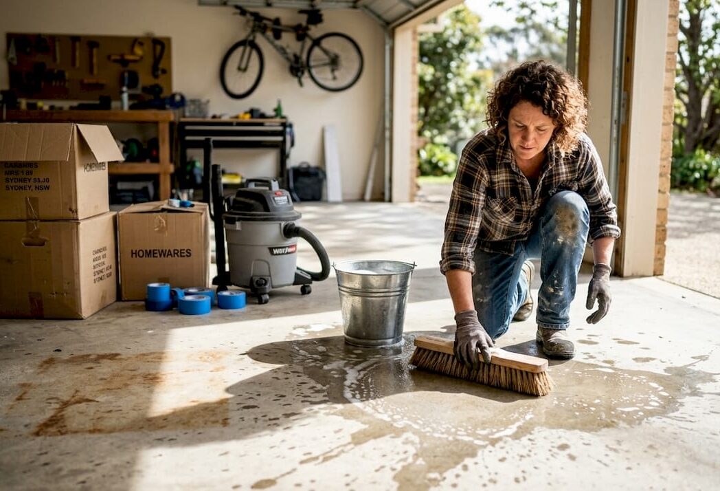 DIYer cleans garage floor before epoxy