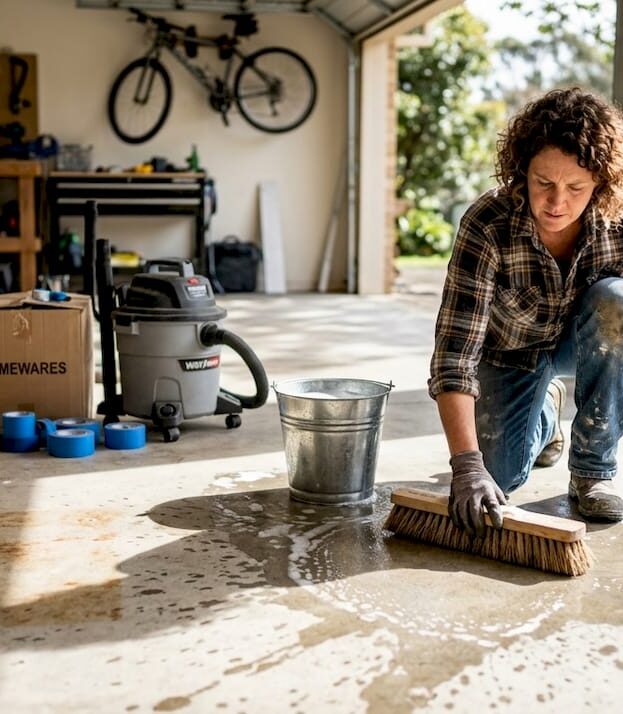 DIYer cleans garage floor before epoxy