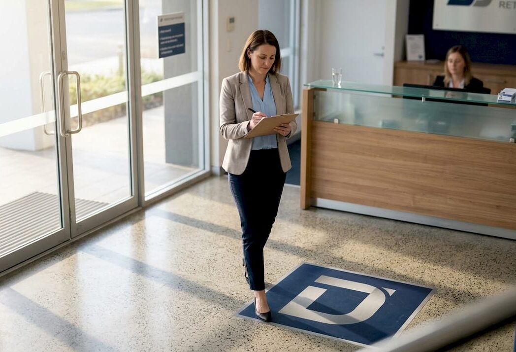 Manager inspecting branded commercial lobby floor