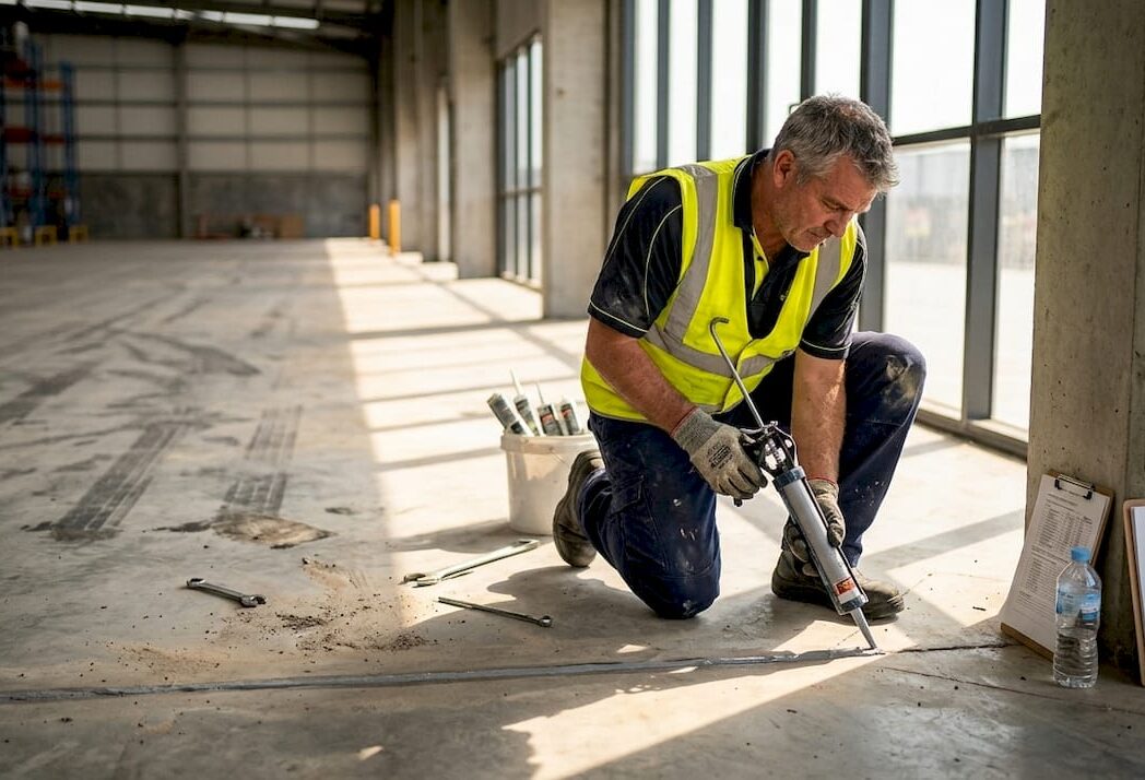 Worker sealing industrial floor joints in warehouse