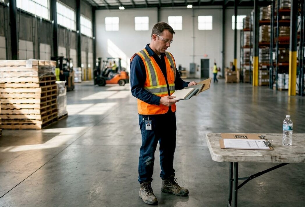 Manager examining concrete coating samples