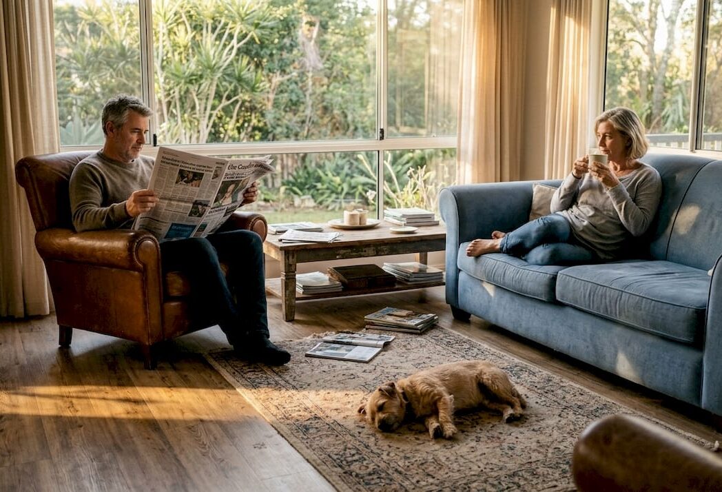 Queensland living room with hybrid flooring