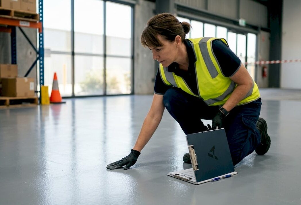 Manager inspecting floor coating in warehouse