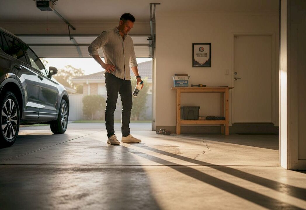 Homeowner inspecting cracked garage floor