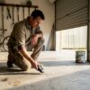 Man inspecting garage floor for cracks in sunlit Queensland garage