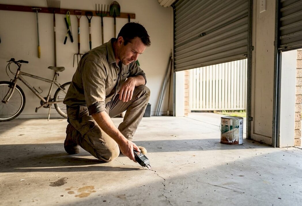 Man inspecting garage floor for cracks in sunlit Queensland garage