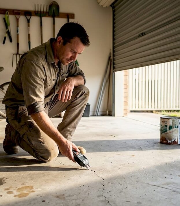 Man inspecting garage floor for cracks in sunlit Queensland garage