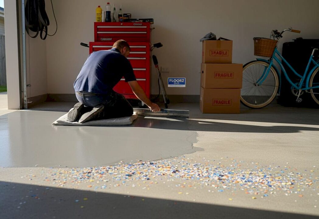 Epoxy flake floor being installed in Queensland garage