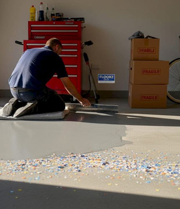 Epoxy flake floor being installed in Queensland garage