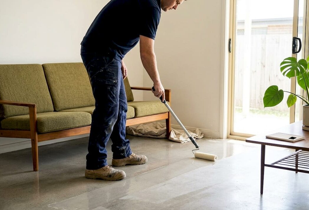 Worker applying sealer to living room floor