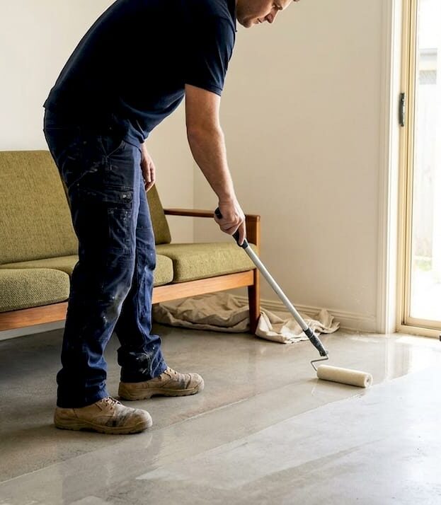 Worker applying sealer to living room floor