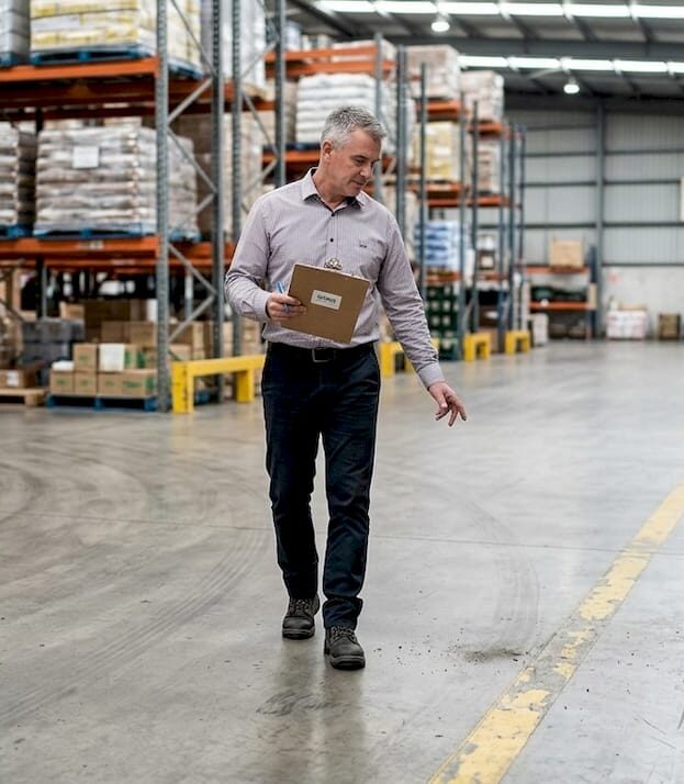 Facility manager inspecting industrial floor