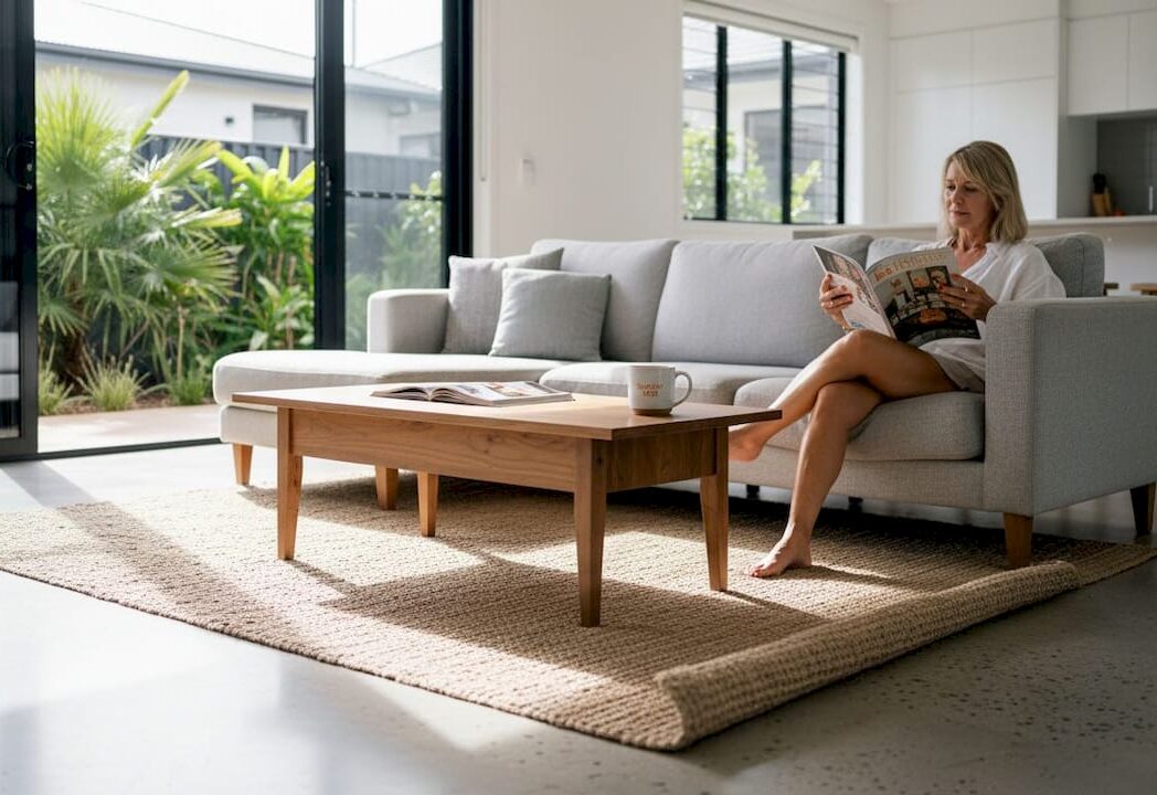 Polished concrete floor in lived-in living room