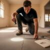 Worker inspects concrete floor for defects