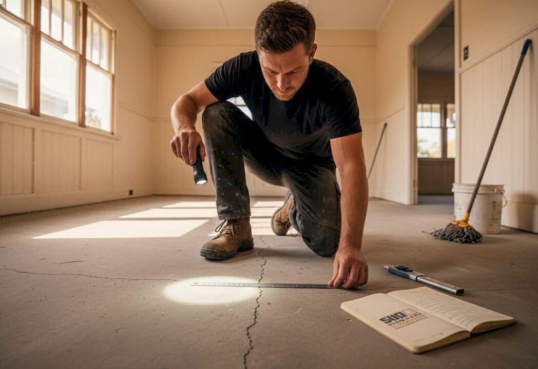 Worker inspects concrete floor for defects