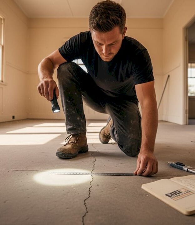 Worker inspects concrete floor for defects