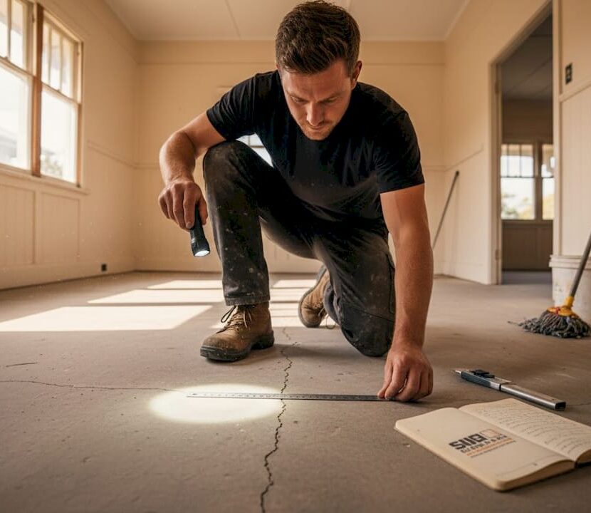 Worker inspects concrete floor for defects