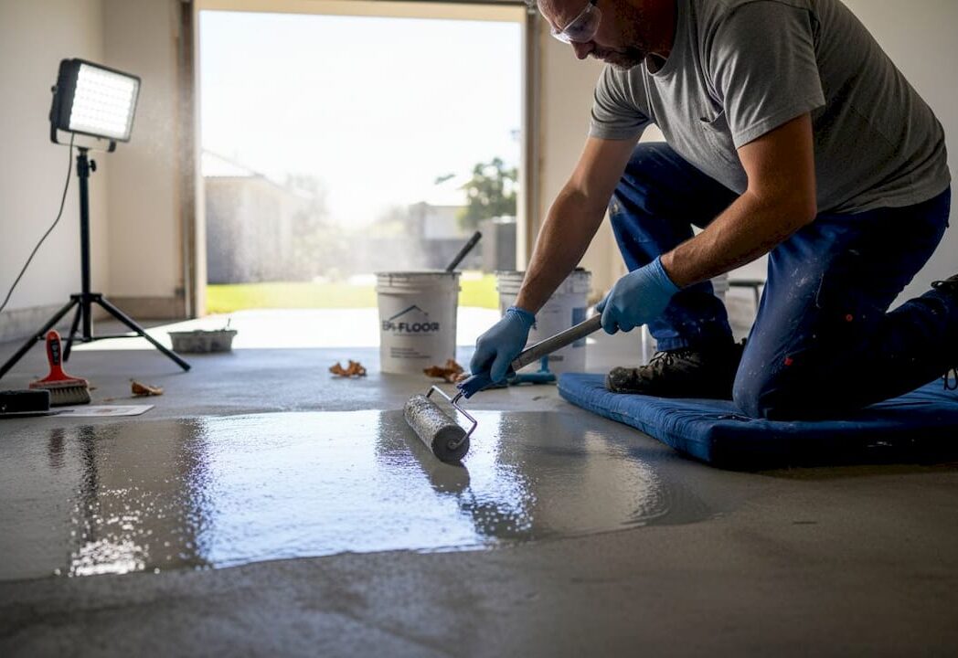 Installer applying epoxy to residential garage floor