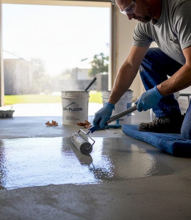 Installer applying epoxy to residential garage floor