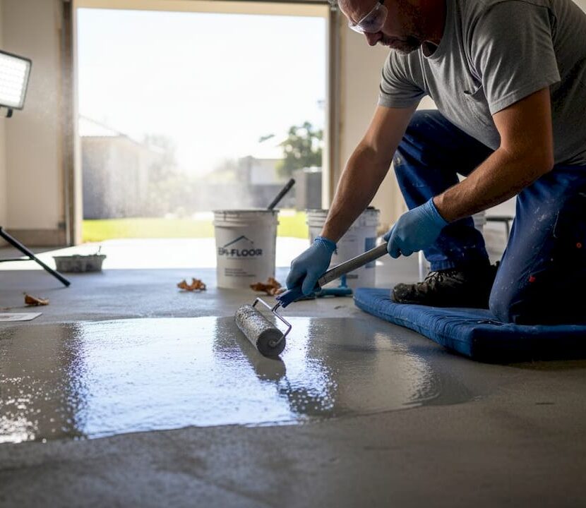 Installer applying epoxy to residential garage floor